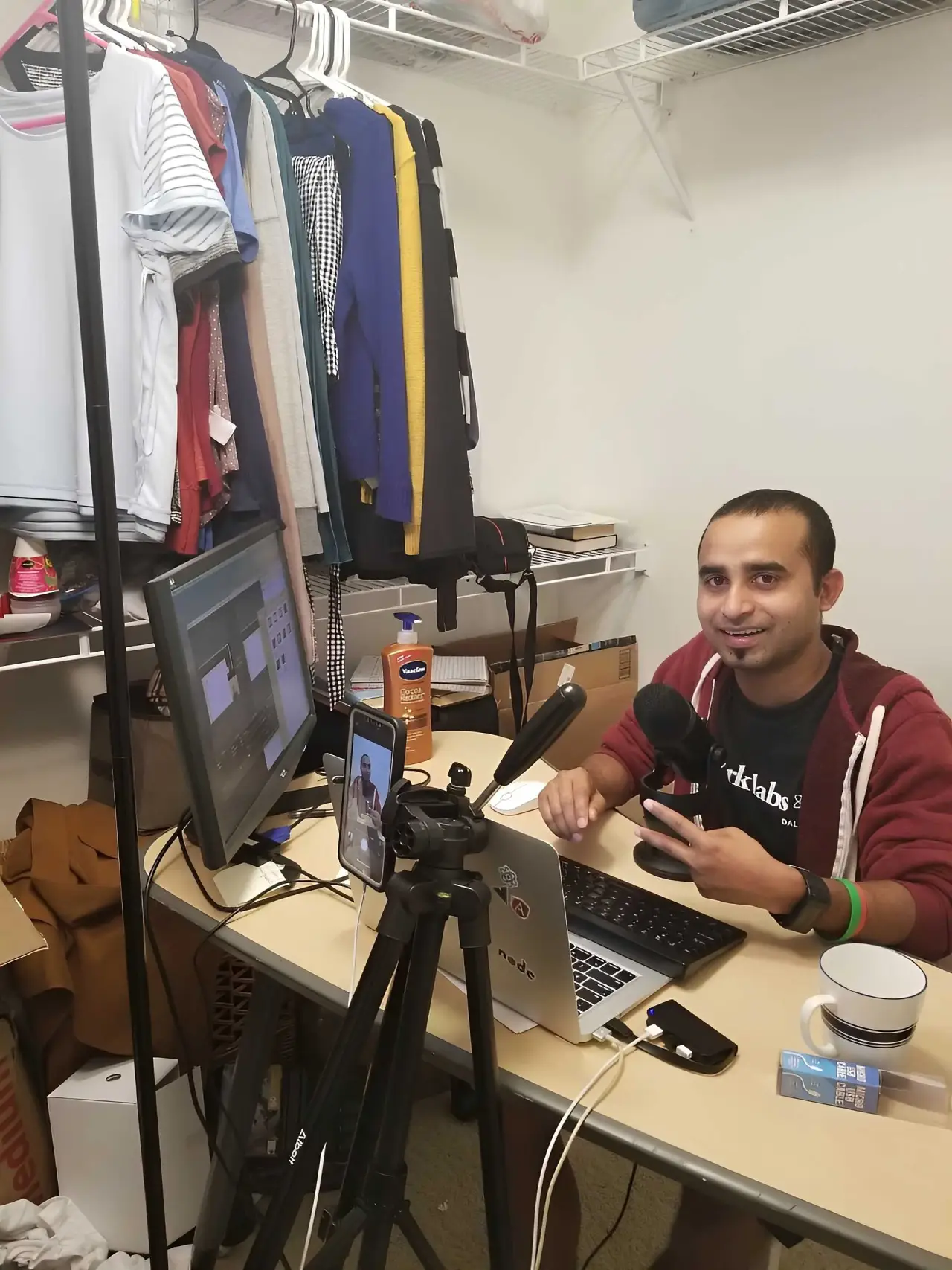 An early Programming Hero lesson being recorded at a home desk